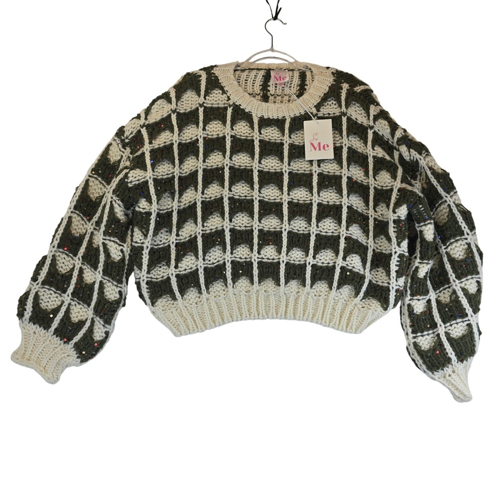 Festive Sequin Sparkle Chunky Knit Sweater Women XL Holiday Cropped Boho Neutral